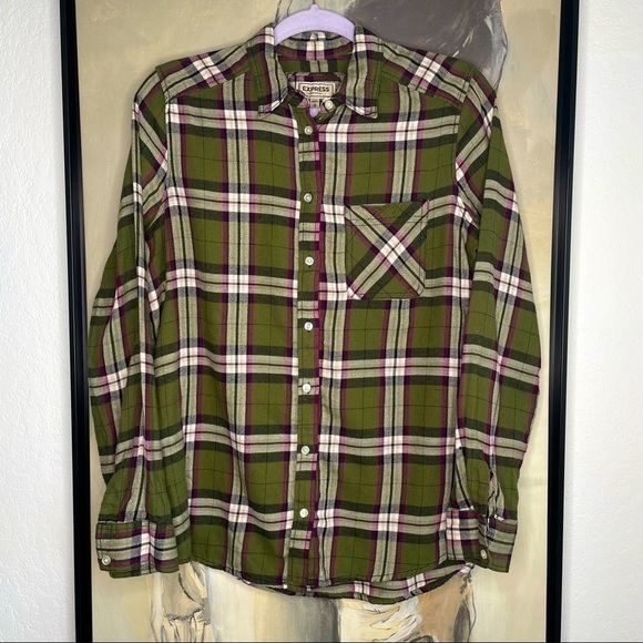 EXPRESS green plaid boyfriend button up shirt - Picture 1 of 6